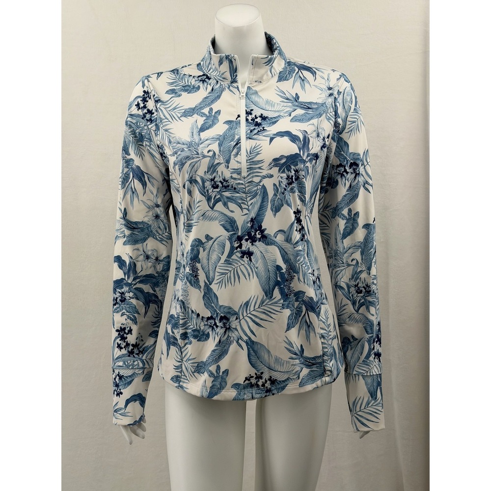 Tommy Bahama Top Womens Large White Blue 1/4 Zip Tropical Floral Golf Activewear